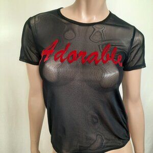 Y2K Black Sheer Mesh Top Red Flocked Velvet Size M Short Sleeve Blokette